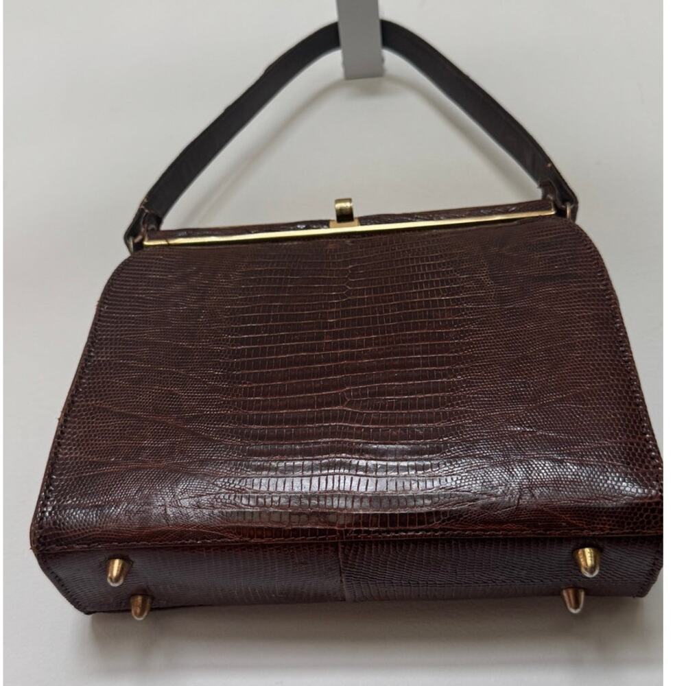 1950s Oxblood Lizard Embossed Top Handle Kiss Lock Purse - Picture 6 of 16
